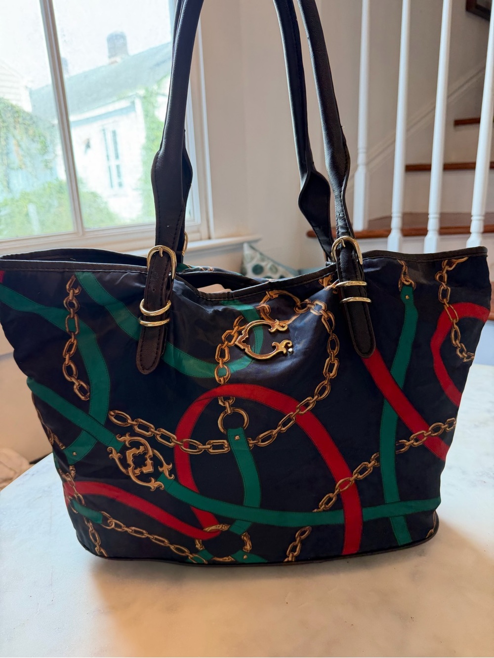Classic Chain-Print Tote Bag in Navy, Green & Red